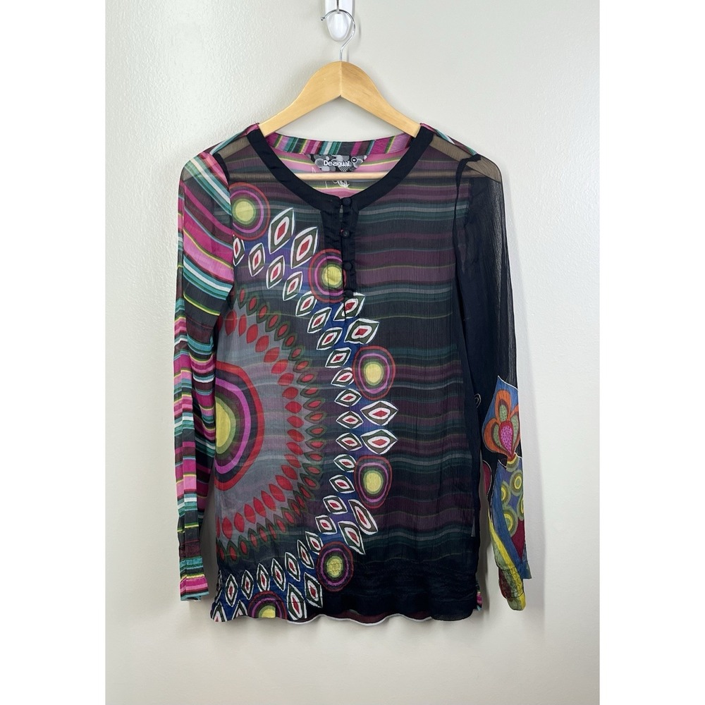 Desigual Sheer Blouse Top Multicolor Abstract Boho Artsy Y2K Long Sleeve M